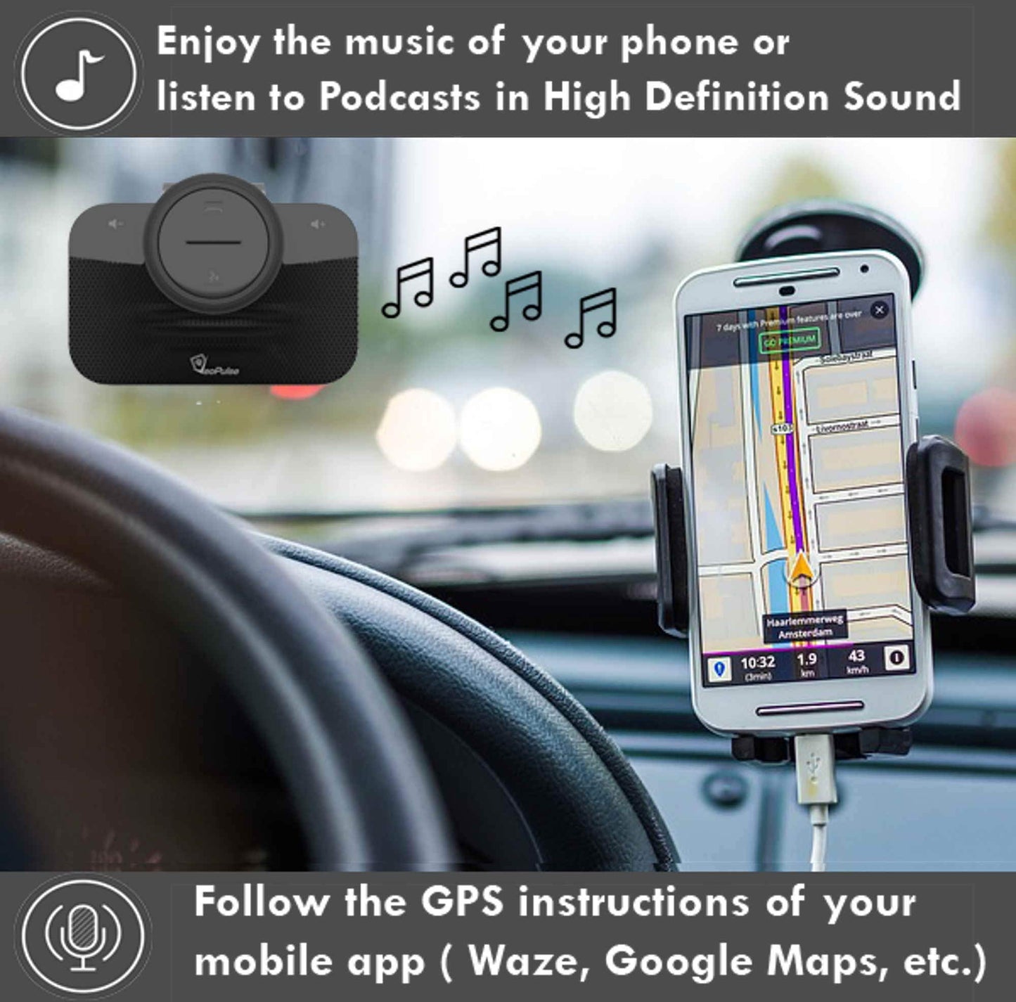 VeoPulse Car Speakerphone B-PRO 2 Hands-Free kit, 6W Hi-Fi Speakers, with Bluetooth Automatic multipoint Cellphone Connection