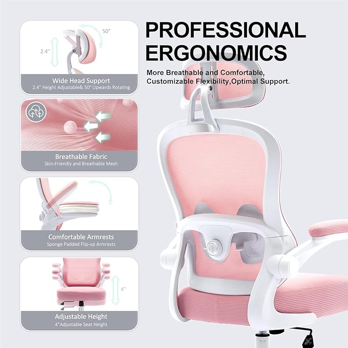 TUKAKA Ergonomic Office Chair,Ultra Thick Office Desk Chair with Adjustable Lumbar Support and Headrest,Spring Cushion,Rocking Function,Flip-up arms,Mesh Computer Chair for Home Office,Pink