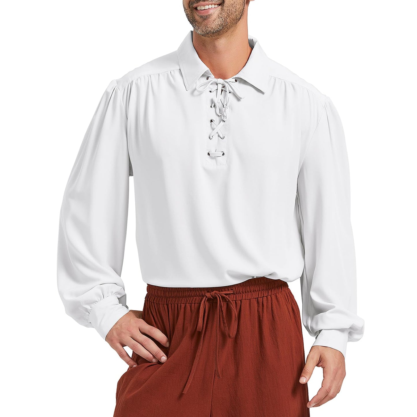 Pirate Shirt Men Renaissance Faire Costume Medieval Victorian Shirt Vampire Gothic Steampunk Costume Halloween Cosplay Tops White S