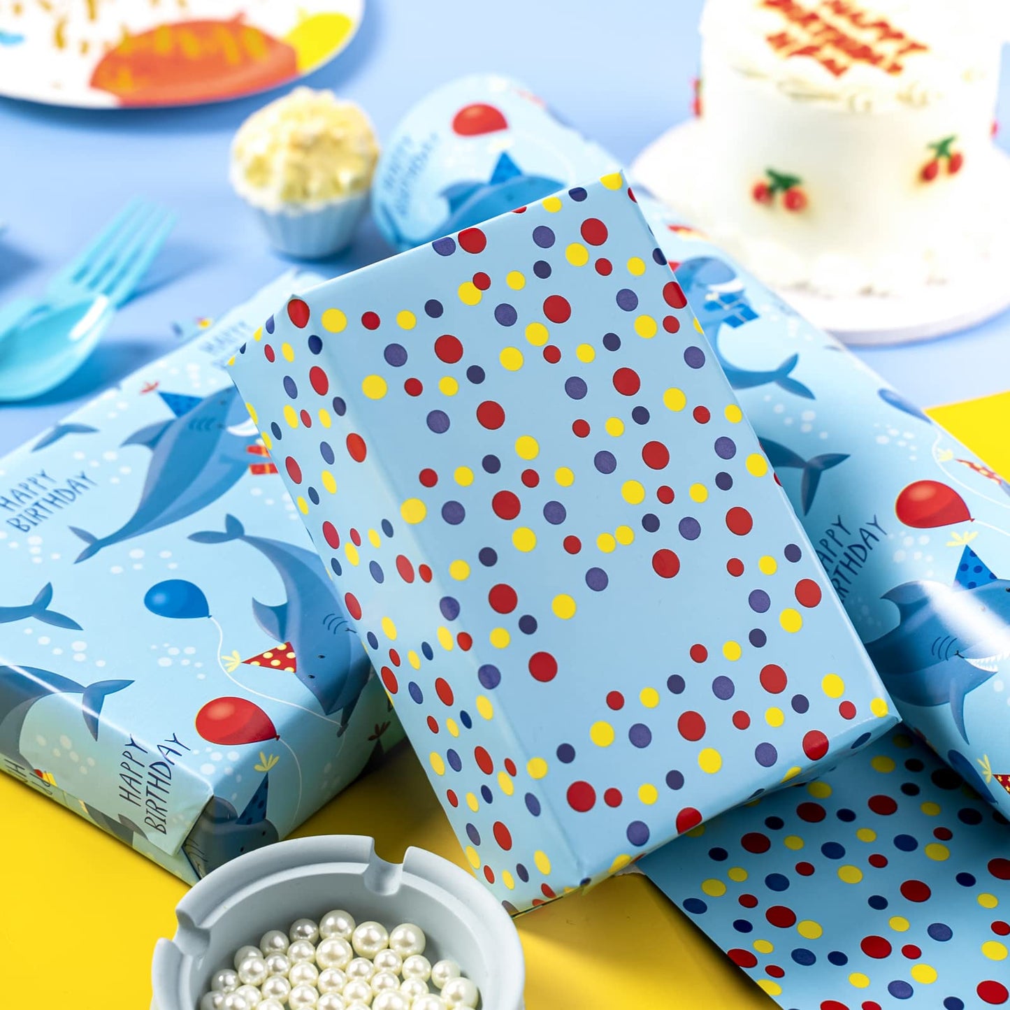 WRAPAHOLIC Jumbo Reversible Birthday Wrapping Paper - 24 in x 65.6 ft - Blue Sharks Ocean Wrapping Paper for Kids' Birthdays & Baby Showers