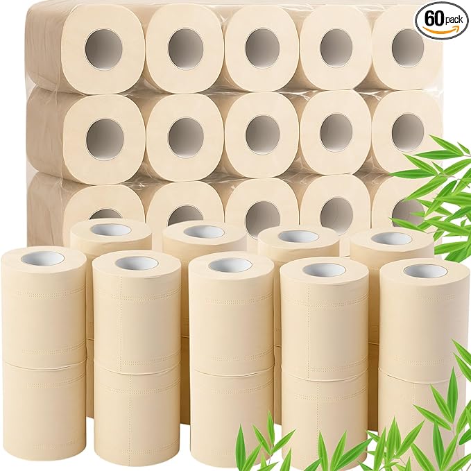 Bamboo Toilet Paper, 4 Ply 60 Rolls, Unbleached, Strong & Soft Toilet Tissue Bulk, Chemical Free Bathroom Tissue Rolls