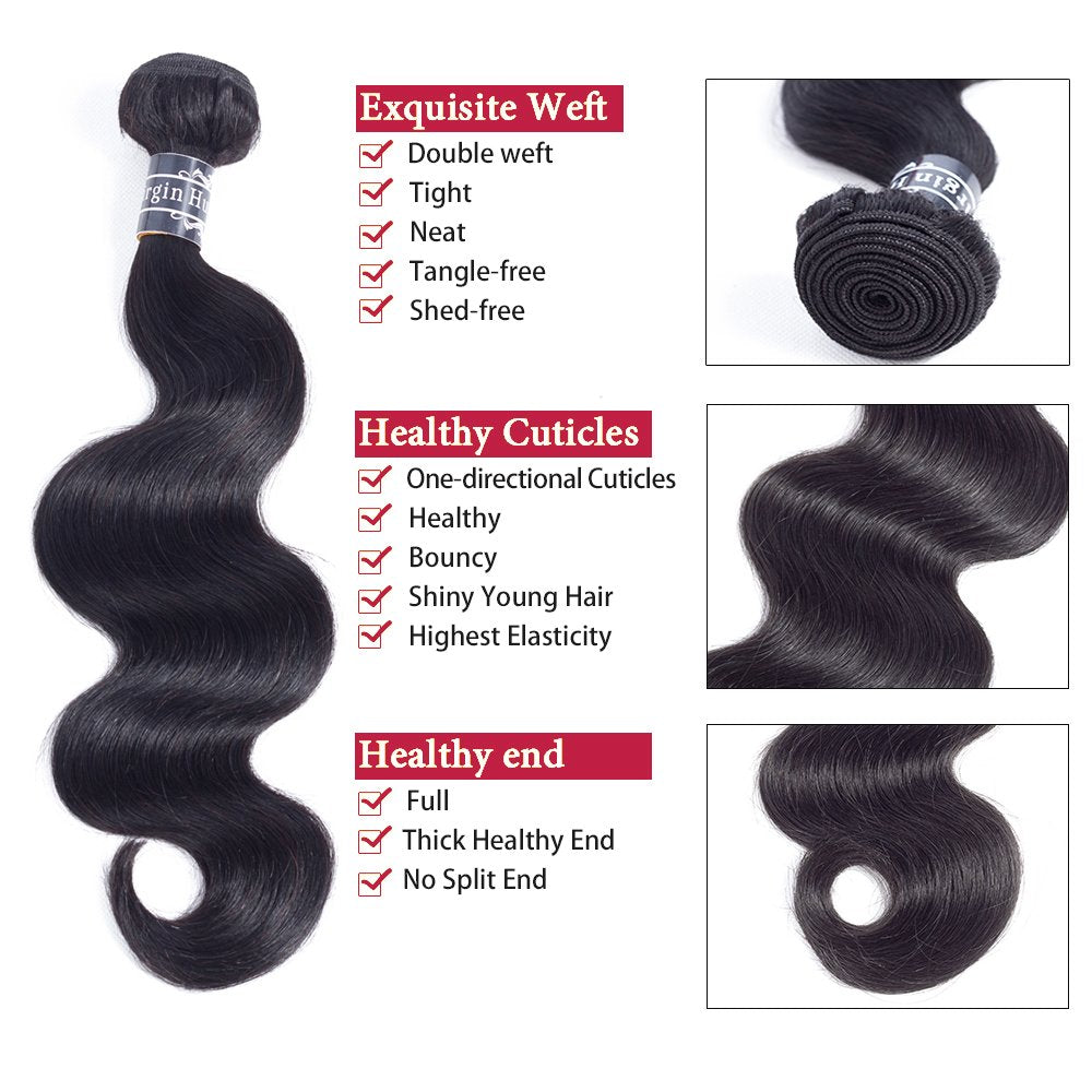 Amella Hair 8A Brazilian Body Wave With Frontal (12 14 16+12 Frontal)100% Unprocessed Brazilian Body Wave Frontal and Bundles Na