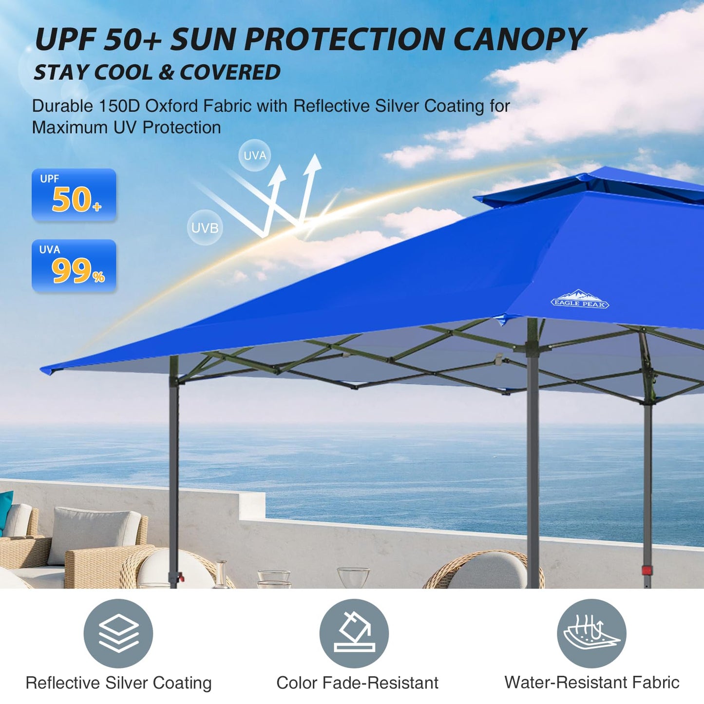 EAGLE PEAK 13x13 Straight Leg Pop Up Canopy Tent Instant Outdoor Canopy Easy Single Person Set up Folding Shelter w/Auto Extending Eaves 169 Square Feet of Shade (Blue)