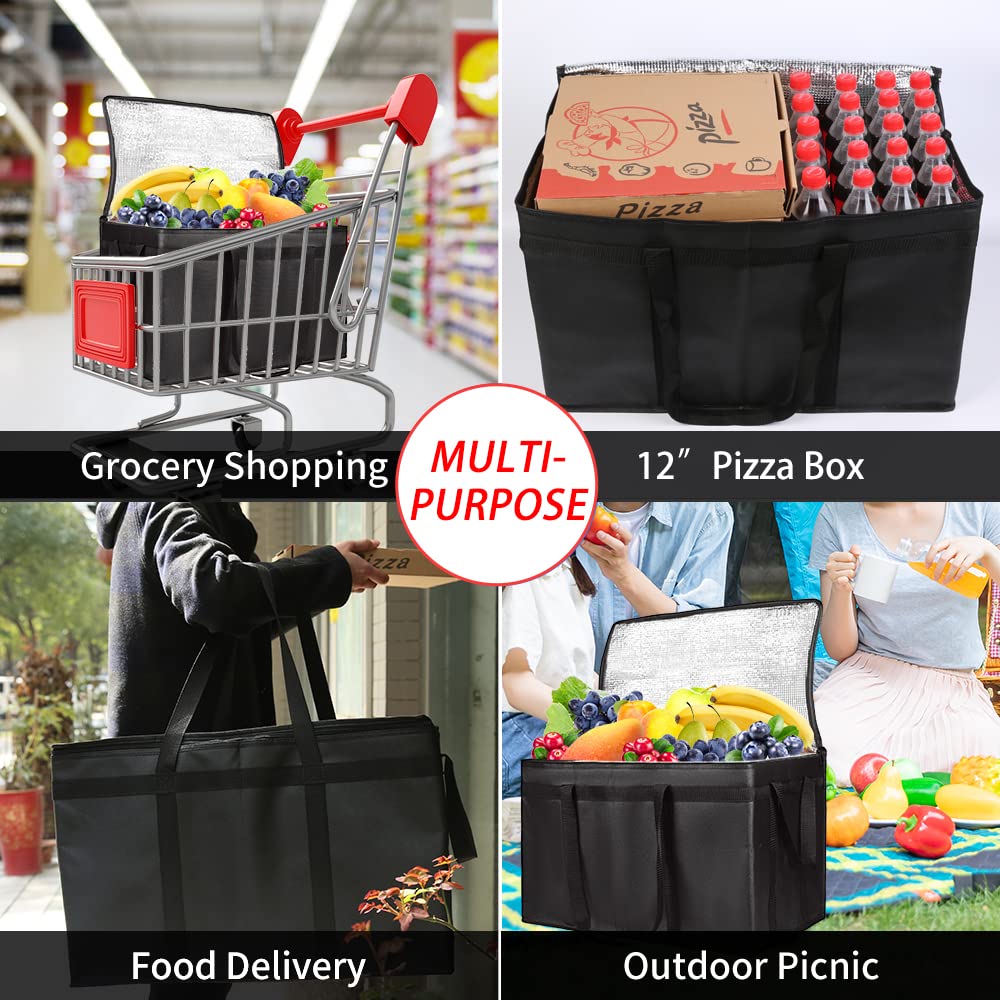 CIVJET 2-Pack Insulated Food Delivery Bag with Hard Bottom, XXX-Large Commercial Food Warmer, Insulated Reusable Grocery Cooler/Hot Bags, Tote Bag for Shopping/Travel, Black
