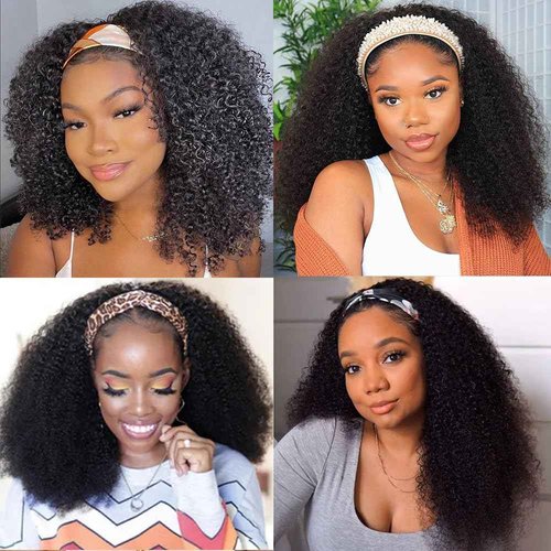 XSY Headband Wig Human Hair for Black Women Kinky Curly Headband Wig Glueless Brazilian Hair None Lace Front Wigs 150% Density Half Wigs Natural Colour 150% Density (24inch)