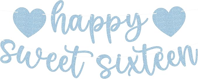 Pre-strung Happy Sweet Sixteen Banner - Light Blue Glitter 16th Birthday Party Decorations & Decor, Photo Booth Props