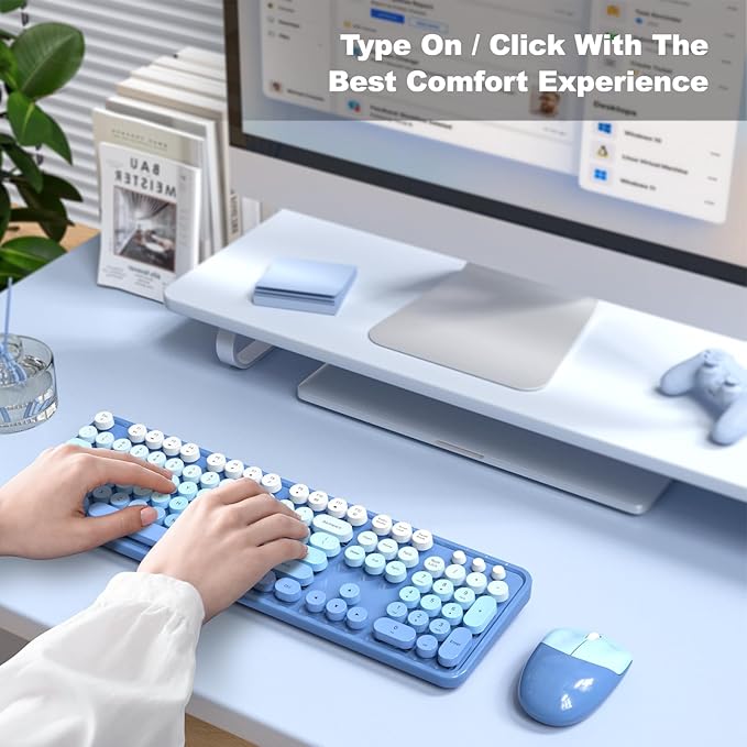 Wireless Keyboard Mouse Combo, Typewriter Full Size Keyboard with Number Pad and 2 in 1 USB Connected Mouse for Windows 7/8/10, Laptop, Desktop, PC, Computer (Blue)