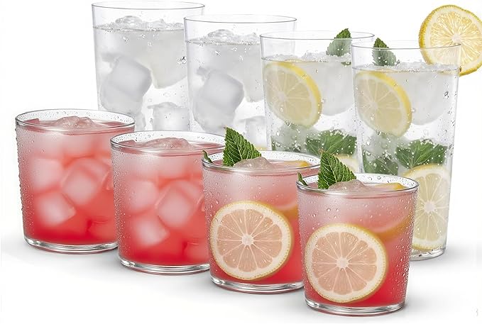 Liacere Drinking Glasses Set of 8, 17 oz Highball Plastic Glasses & 14oz Cocktail Plastic Glasses Set, Kitchen Water Glass...