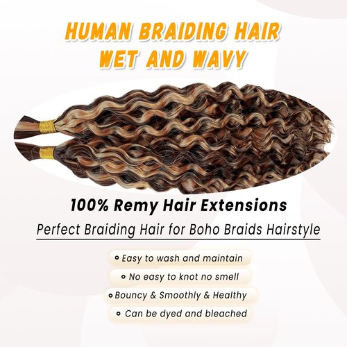 Human Braiding Hair Deep Wave Bulk Human Hair for Braiding 4/27 Honey Blonde No Weft Curly Braiding Hair Extensions for Boho Braids Wet and Wavy Braiding Human Hair Bundles 30 Inch 100g