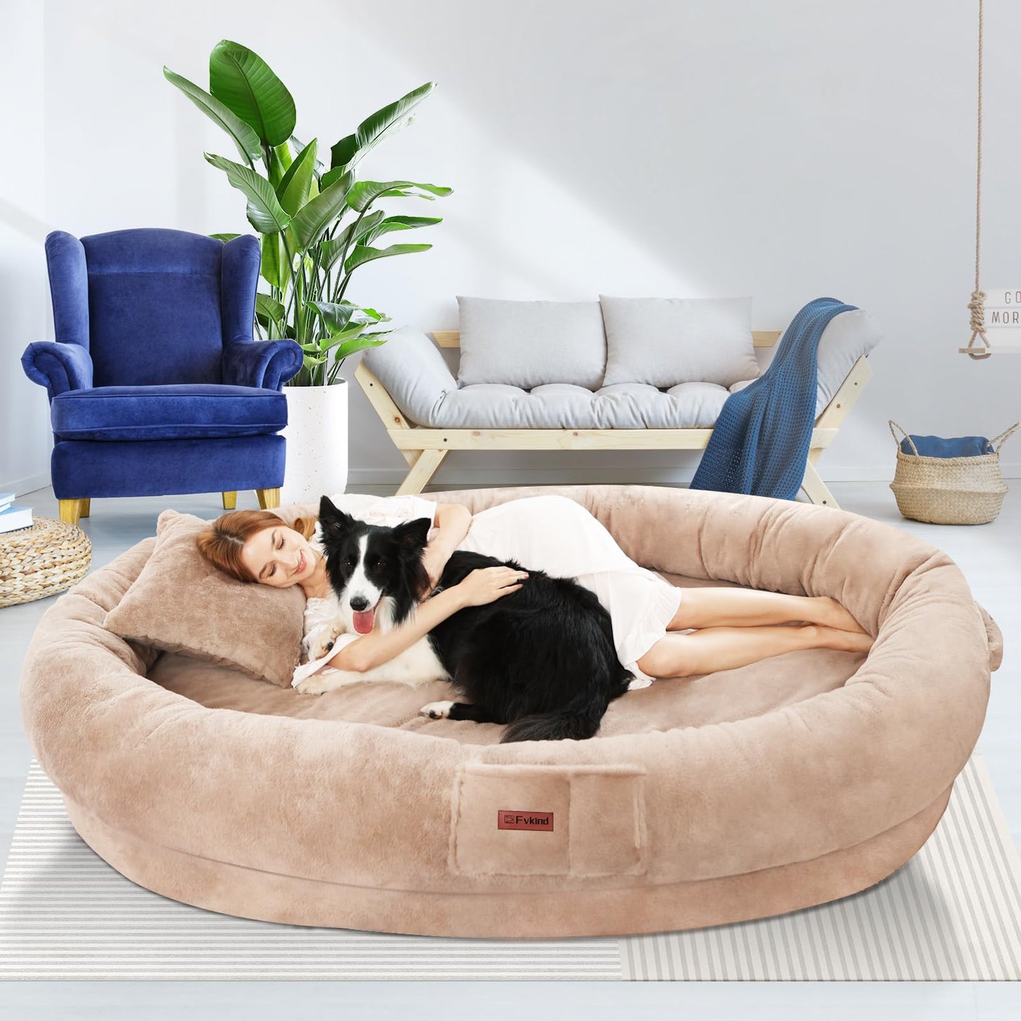 Fvkind Human Dog Bed for Adults, 71"x51"x12" Washable Orthopedic Size, Faux Fur Removable, Cozy Large Present with Blanket and Pillow, Khaki