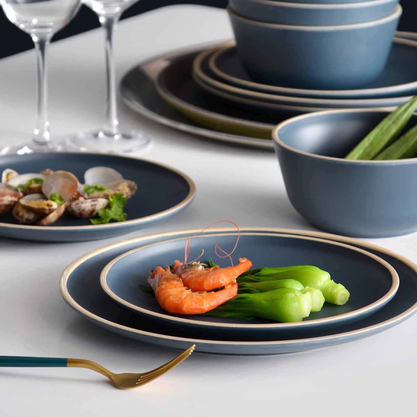 Melamine Dinnerware Sets for 4, Plates and Bowls Sets 12 Pcs, Melamine Plates, Nautical Dinnerware Sets, Modern Style,Dishwasher Safe, BPA Free, Suitable Indoor and Outdoor Use (Deep Blue)