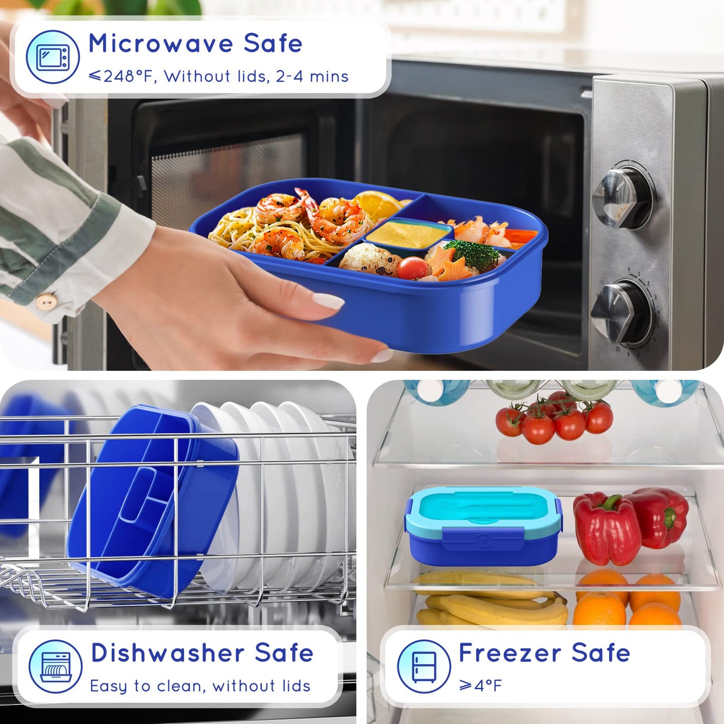 TIME4DEALS Kids Bento Lunch Box Leakproof Lunch Box with 4 Compartments Lunch Containers with Tableware Kids Bento School Lunch Boxes with Container 44oz, Microwave Dishwasher Freezer Safe (Blue)