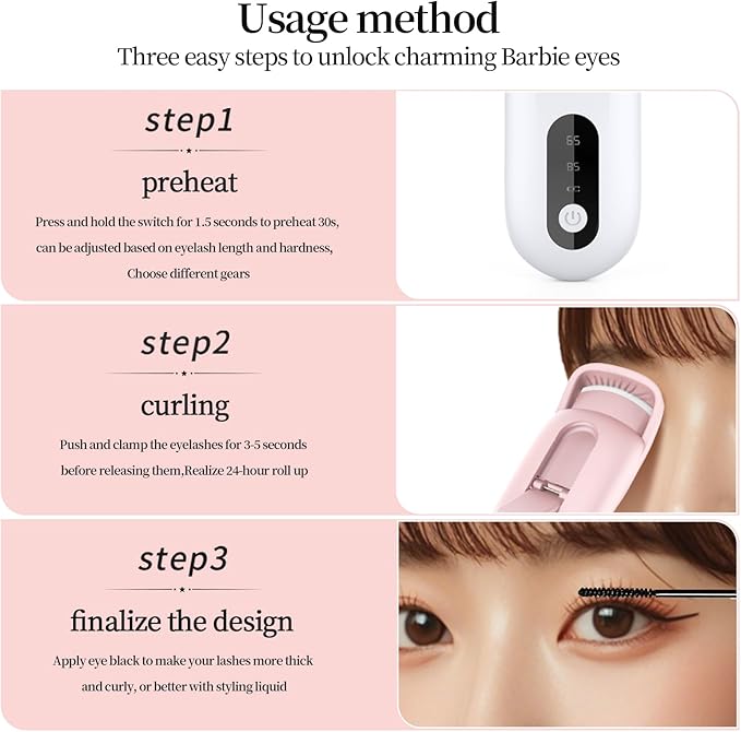 Heated Eyelash Curler for Natural Lashes 2-Level Adjustable Temperature Mini Electric Lash Curler Fast 3-Second Heat Up 24 Hours Long-Lasting Curl