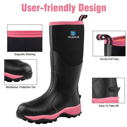 Trudave Rubber Boots for Women with Steel Shank, Waterproof Insulated Mud Rain Boots, 6mm Neoprene Anti-slip Outdoor Work Boots, Pink, Size 6
