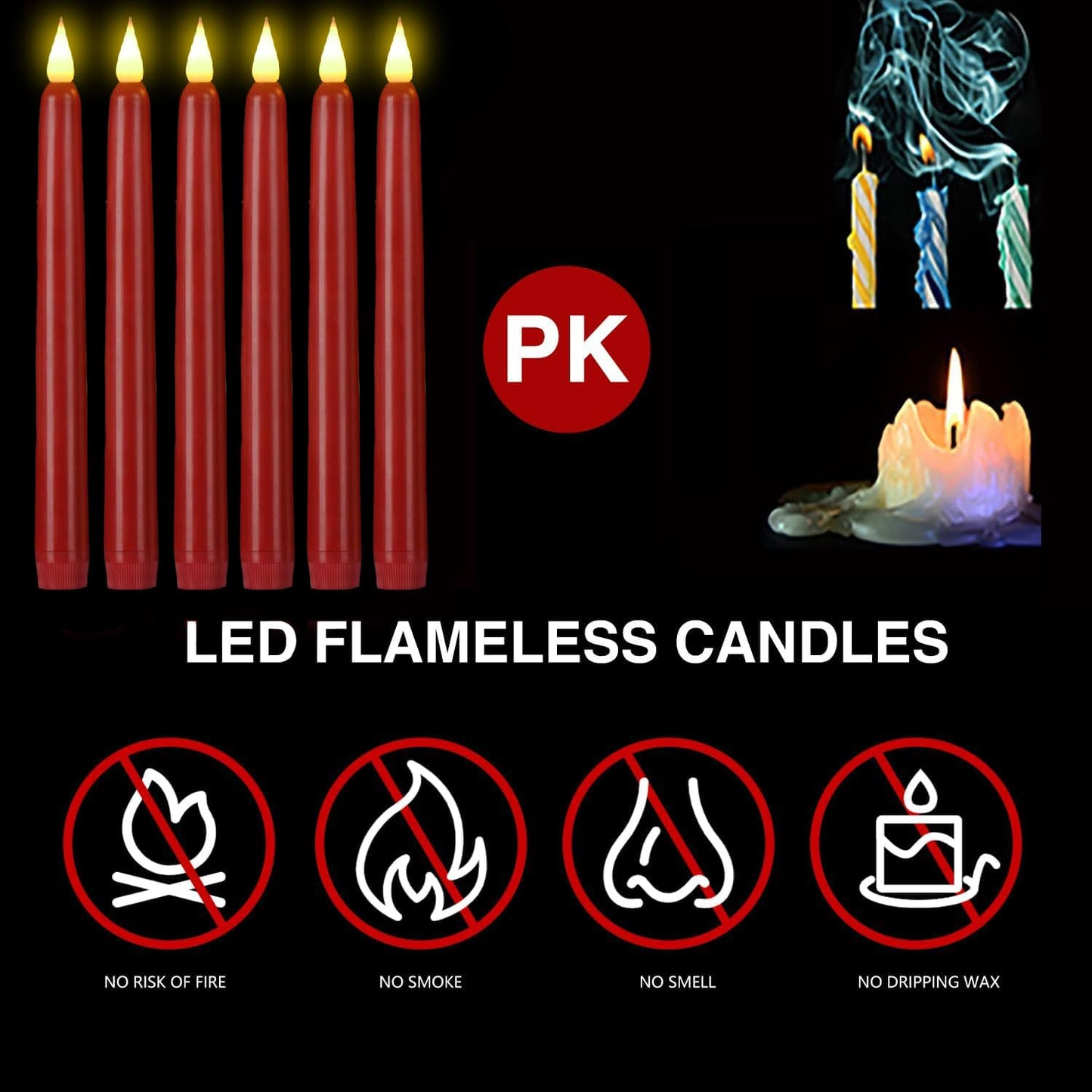 Flameless Taper Candles with Remote Control and Timer, Battery Operated LED Candlesticks with Flickering 3D Flame, 9.6×0.8 Inches Plastic Tall Candles for Christmas, Wedding and Home Decor (Red, 12)
