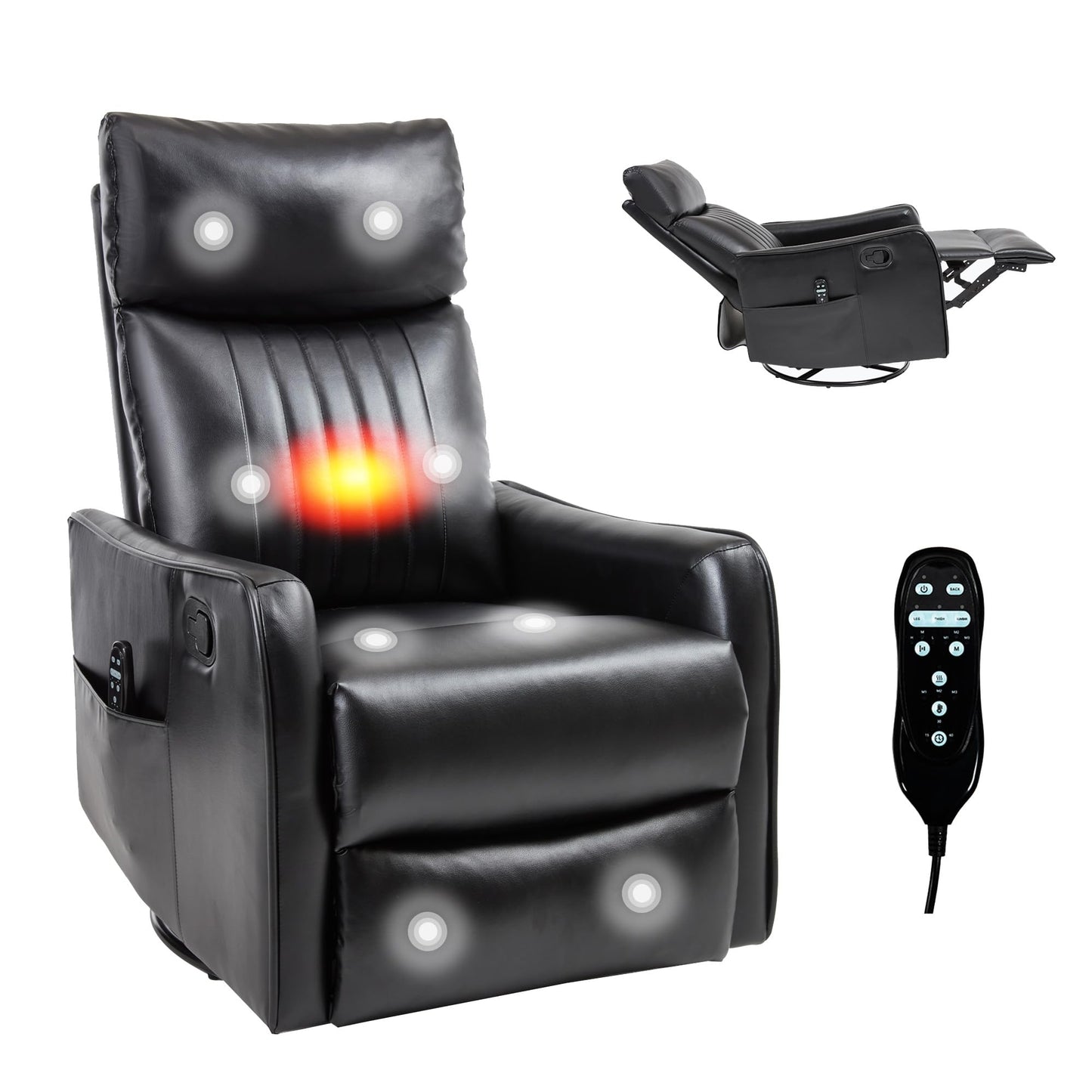 Casaphoria 360° Swivel Rocking Recliner Chair with Heat and Massage Upholstered Fabric Nursery Glider with Side Pocket for Living Room,Bedroom,Home Theater and RV Small Space(Black)