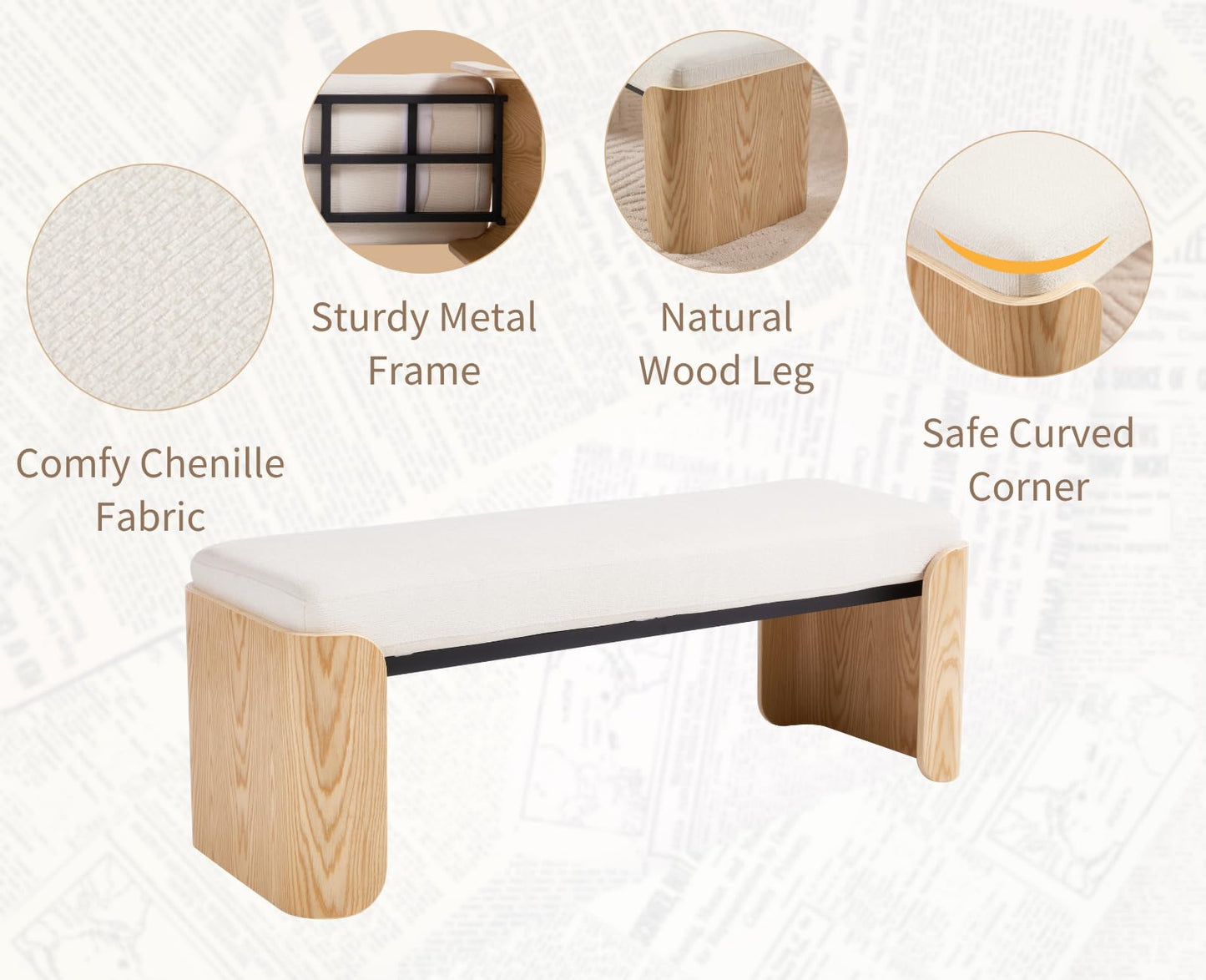 Shunzhi Modern Upholstered End of Bed Bench for Bedroom 49” Entryway Bench with Natural Wood Leg Window Ottoman Bench for Living Room/Bedroom/Hallway/Indoor, White Chenille