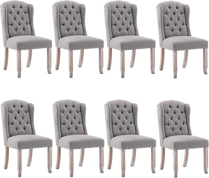 DUOMAY Modern Tufted Dining Chairs Set of 8, Linen Upholstered Dining Room Chairs Armless Guest Side Chair for Kitchen Dining Room, Wingback Accent Chairs with Solid Wood, Grey