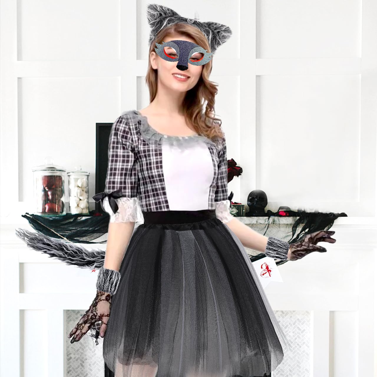 NinkyNonk 6 Pcs Wolf Costume Kits Wolf Ears Headband Tail Mask Bowtie Gloves Tutu for Halloween Dress Up Supplies