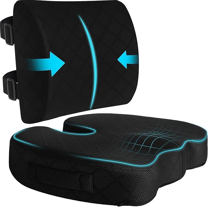 TushGuard Back&Seat Cushion, Car Seat Office Chair Cushions, Breathable Memory Foam Lumbar Back Support Pillow, Portable Airplane Seat Cushion for Travel, Computer Desk, Wheelchair, Driving (Black)