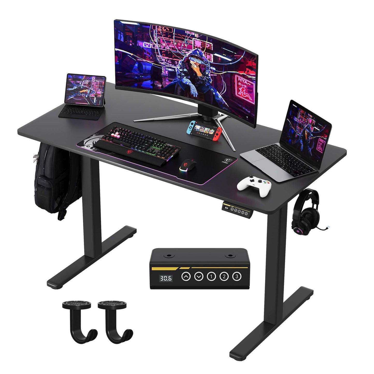 Gamork Electric Standing Desk,48x24 Inches Adjustable Height Stand up Desk, Sit Stand Home Office Desk with Splice Board, 3 Preset Heights,Equipped with Hooks,Ergonomic Computer Desk Workstation，Black