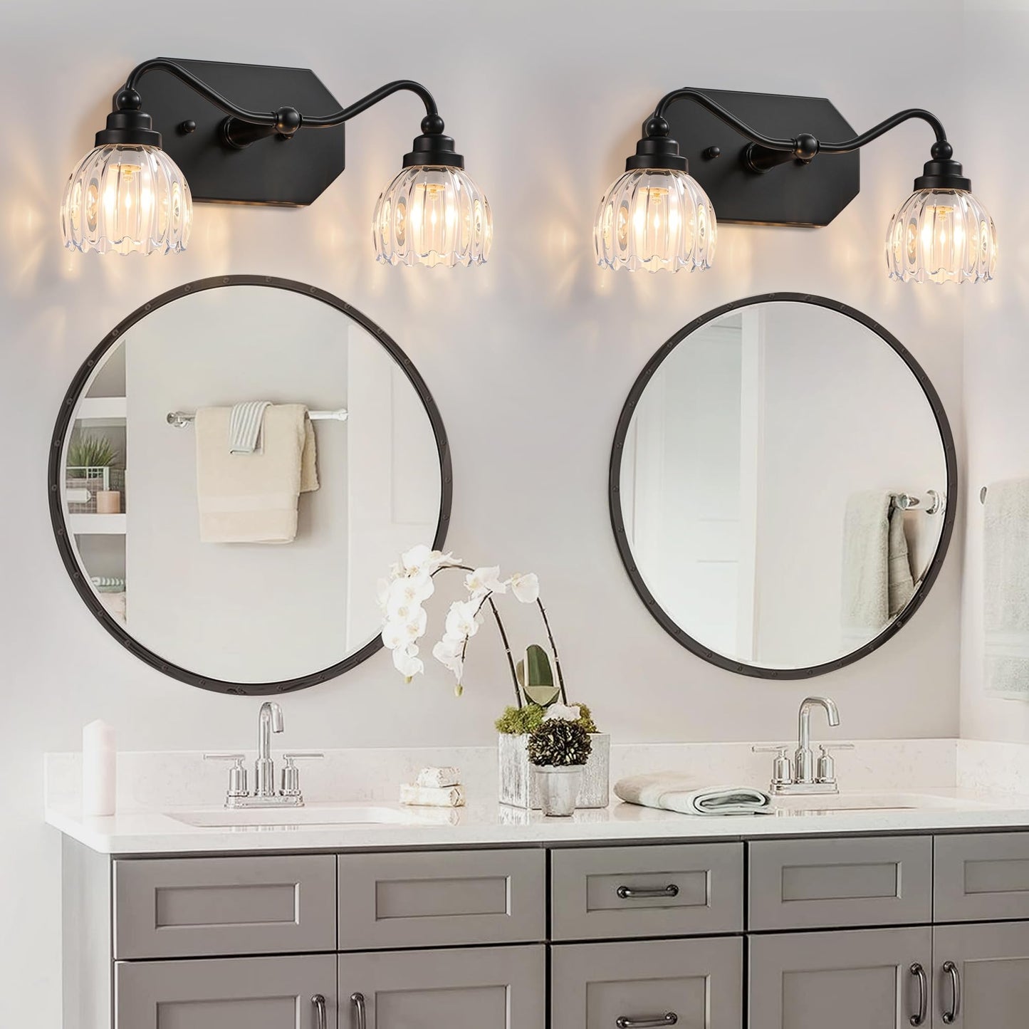 CmnVmn Vintage Bathroom Light Fixtures, 2 Light Bathroom Vanity Light, Black Matte Antique Brass Finish with Crystal Glass Shade, Mid Century Wall Sconces for Bedroom, Living Room, Hallway