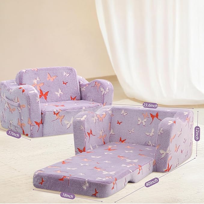 MeMoreCool Toddler Chair Comfy 1-3 Years Old, Kids Couch for Playroom, Convertible Glowing Butterfly Flip Out Sofa, Kids Furniture Floor Recliner Chair Bed