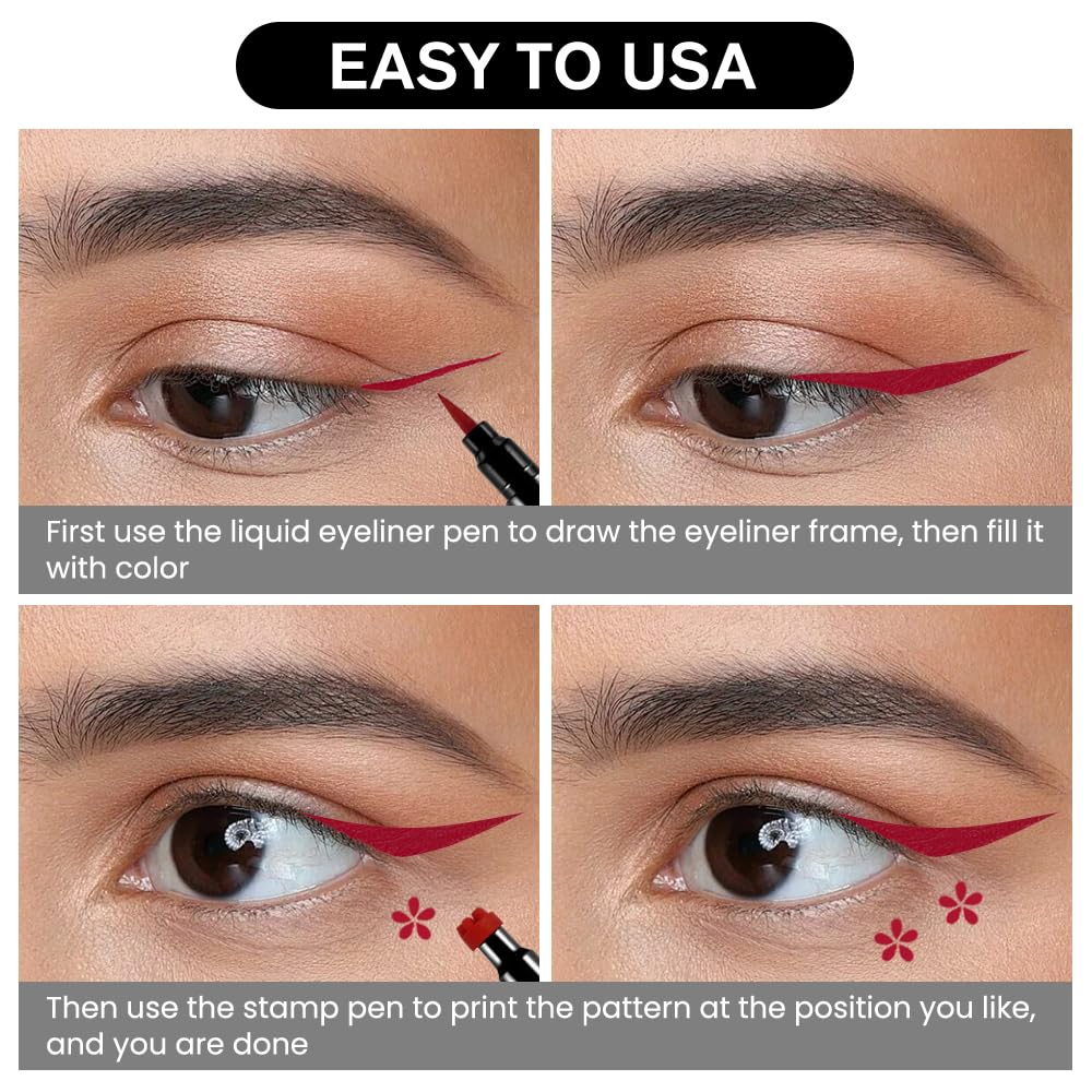 evpct 1Pcs 2-in-1 Red Colored Winged Eyeliners Stamp, Red Flower Face Stamps Makeup, Waterproof Eyeliner Eye Stamp Liners Tool S