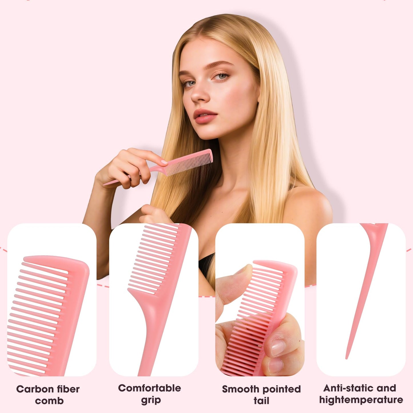 Rat Tail Comb Set-3Pcs Rat Tail Hair Teasing Fine Tooth Combs for Women Girls, Parting &Hair Styling Tools(Pink)