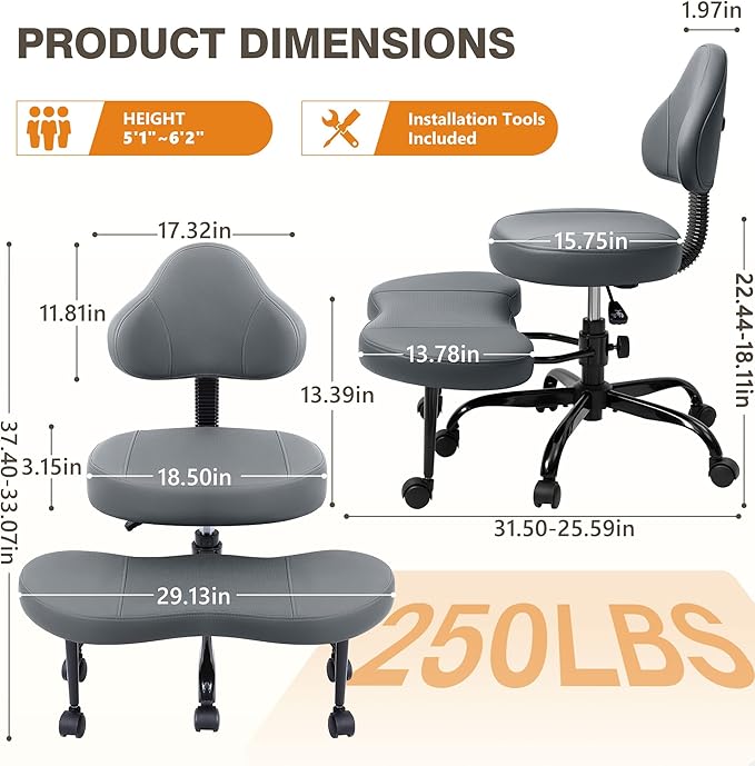 Cross Legged Office Chair, Criss Cross Desk Chair ADHD Meditation Kneeling Yoga Seat with Adjustable Height, Lumbar Support, Wider Footrest and Wheels (Dark Gray)