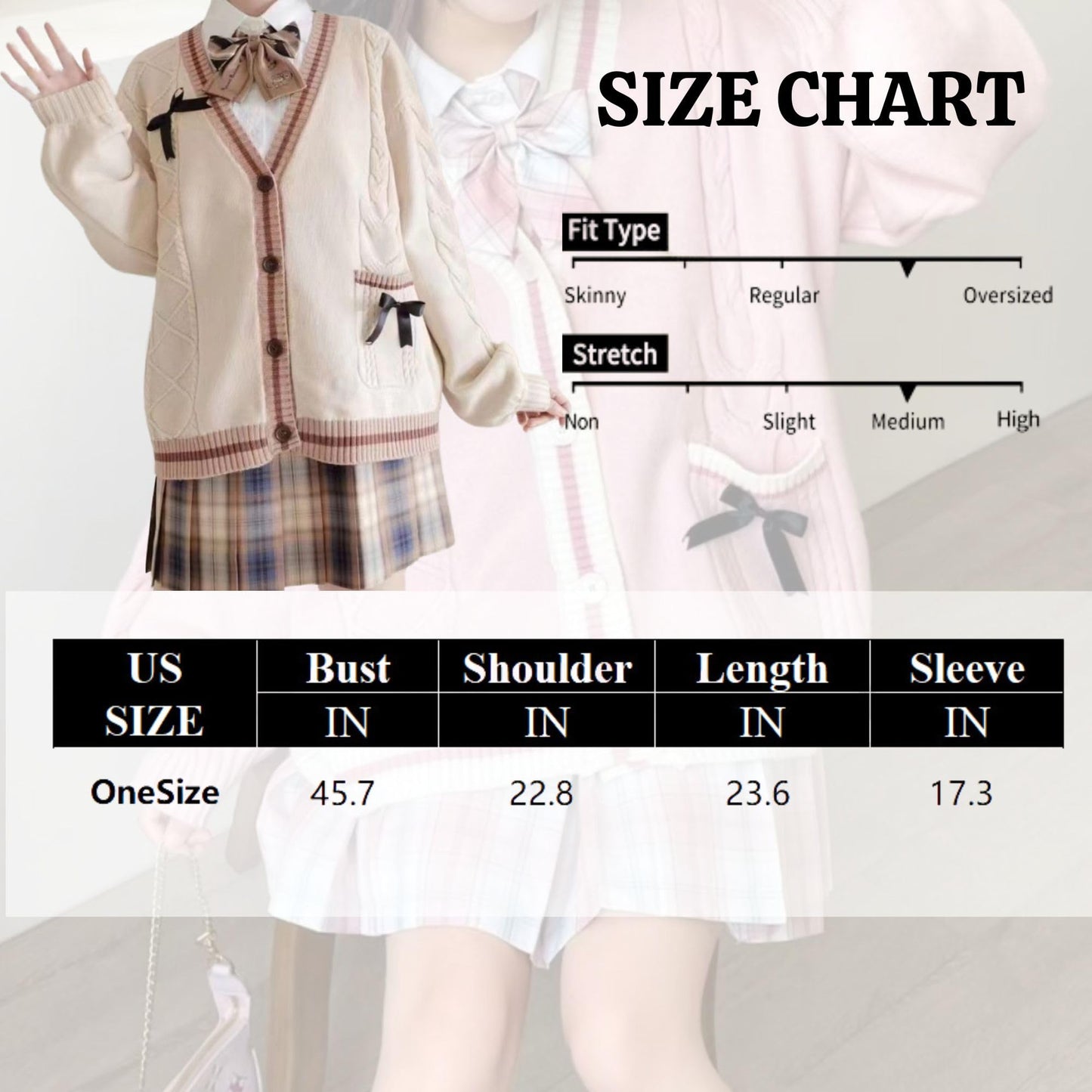 Chevara Women’s Cute Sweet Cardigan Sweater Kawaii School Uniform Button Long Sleeve V-Neck Knitted Outerwear(0133-01Beige-OneSize-CW)