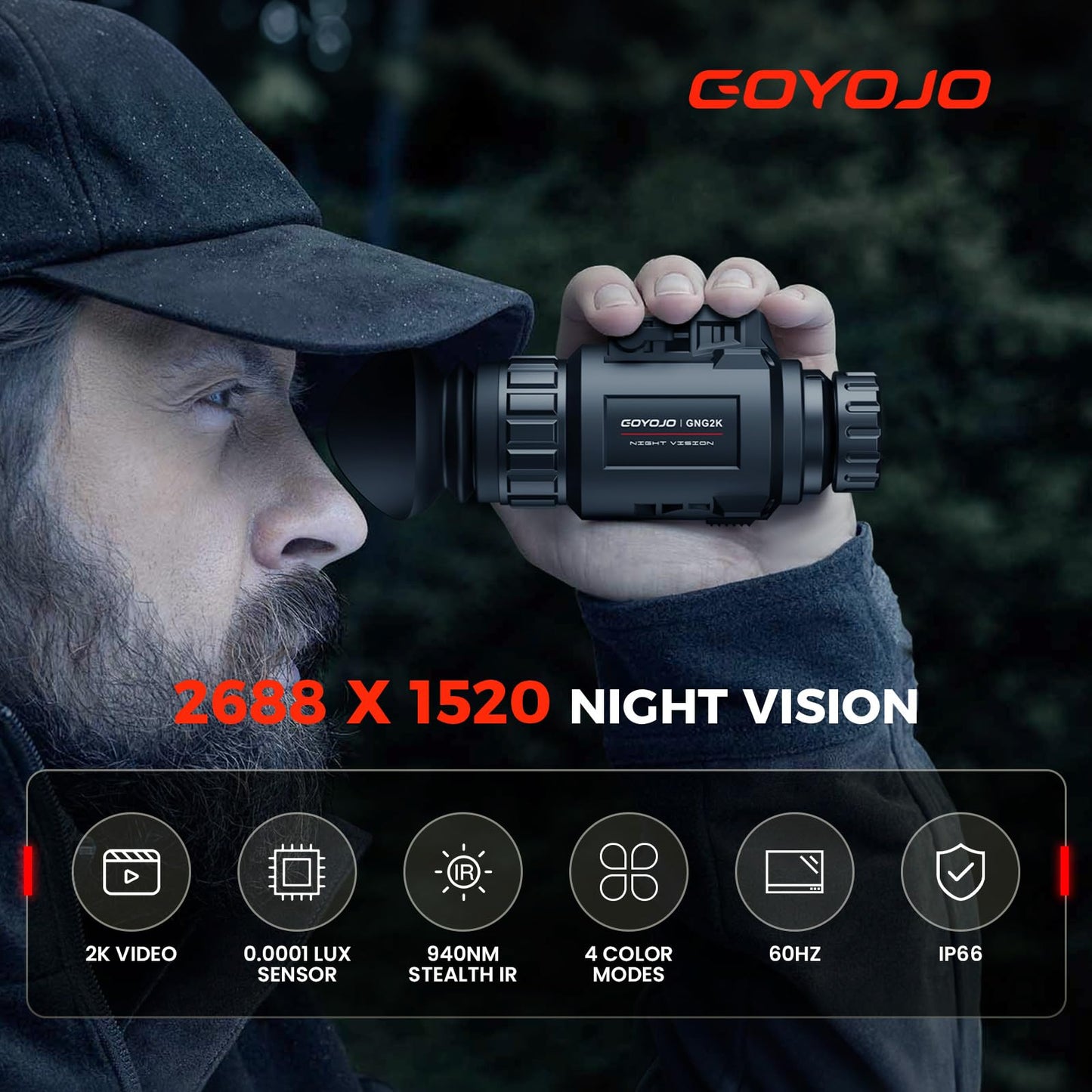GOYOJO GNG2K Night Vision Monocular - 2K / 60Hz Refresh Digital Night Vision Goggles, Helmet Mountable, Stealth Infrared 940nm NVG with 0.0001 Lux Sensor, 4 Color Modes for Tactical/Hunting/Camping