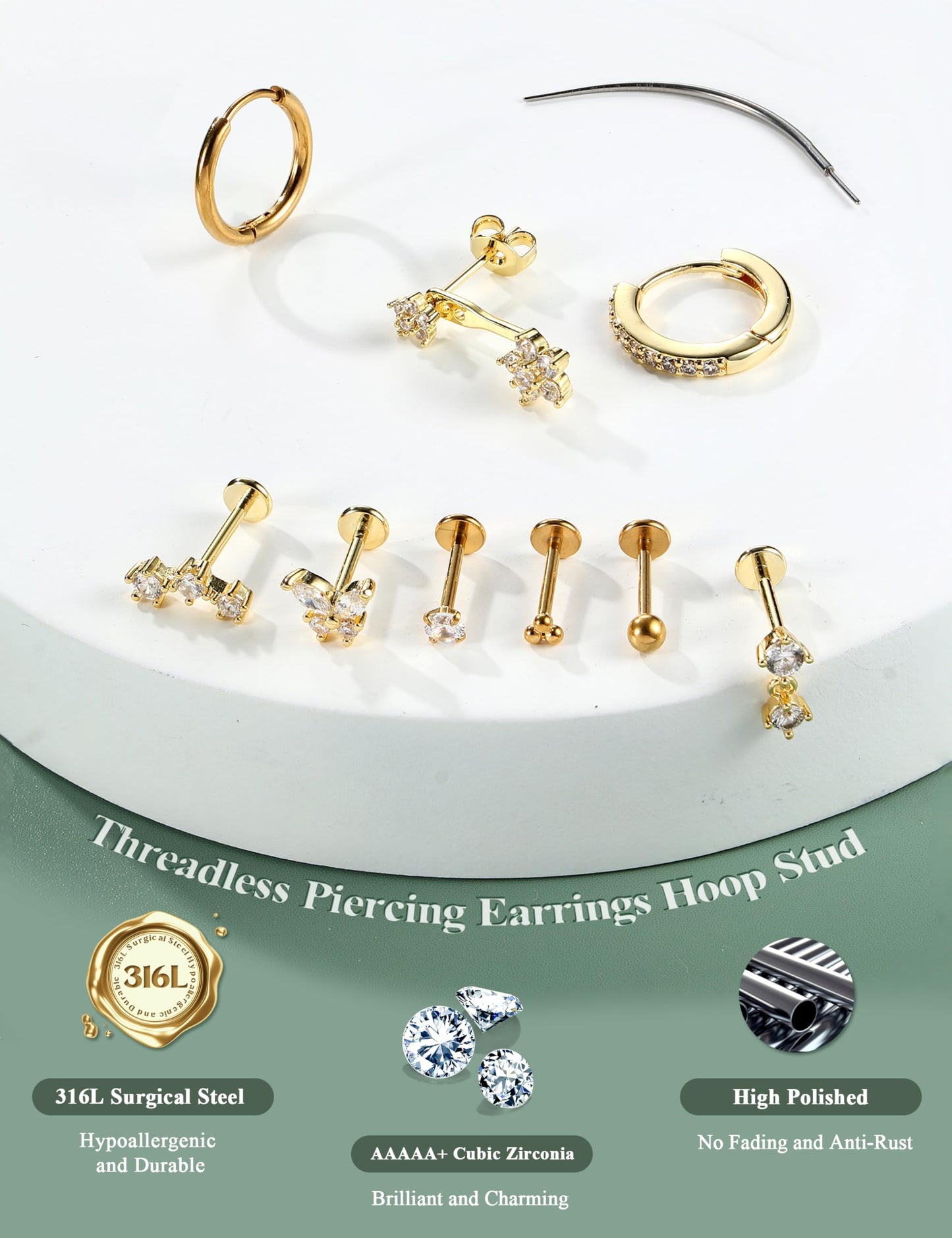 Besteel Threadless Flat Back Earrings Hypoallergenic - 9 Pairs 316L Surgical Steel Push in CZ Studs & Hoops Set for Women Men 14