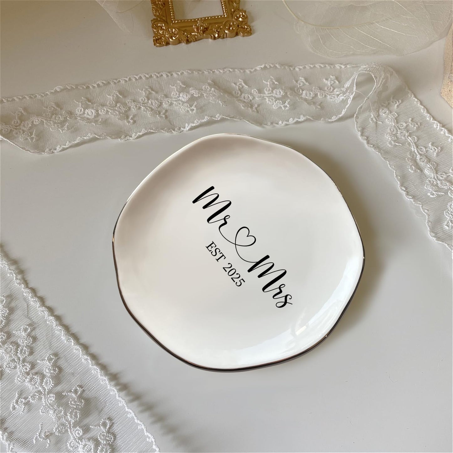 Mr & Mrs EST 2025 Ring Dish - Elegant Ceramic Ring Holder for Engagement, Wedding, and Bridal Shower Gifts - Honeymoon Keepsake for Friends, Newlyweds, and Bride-to-Be