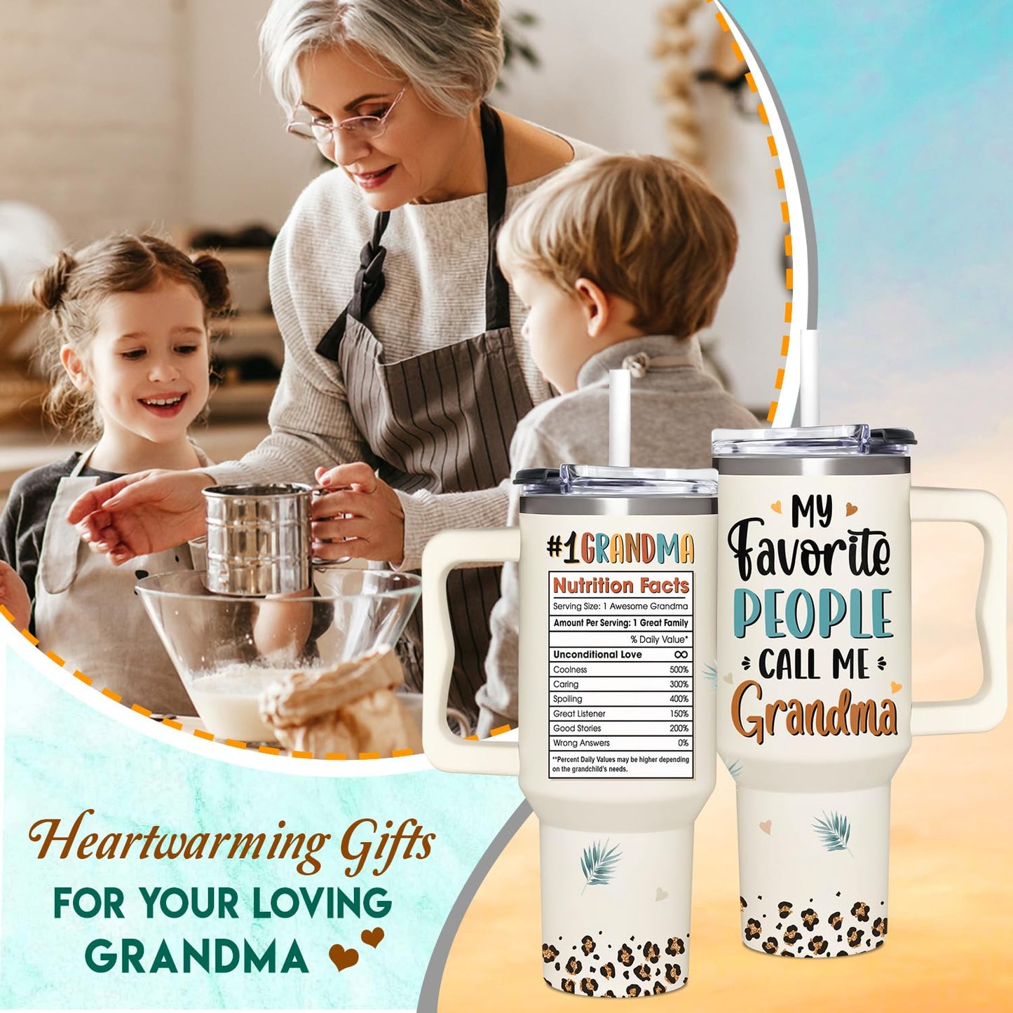 Couple Fox Grandma Gifts from Grandkids, Granddaughter, Grandson, Grandchildren - Practical Mothers Day, Birthday, Christmas, Mother's Day, Ideas Gifts for Grandma Tumbler 40oz with Handle & Straw
