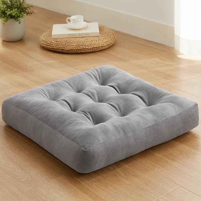 SM-XLHN Meditation Floor Pillow Set of 1, Square Large Pillows Seating for Adults, Meditation Cushion Pillow,Tufted Corduroy Cushion for Tatami Living Room or Yoga, Light Gray, 22x22 Inch