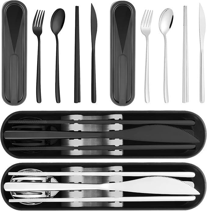 Travel Utensils with Case, PHILIPALA 2 Sets 18/8 Stainless Steel Reusable Utensils Set with Case, Travel Cutlery Set with ...