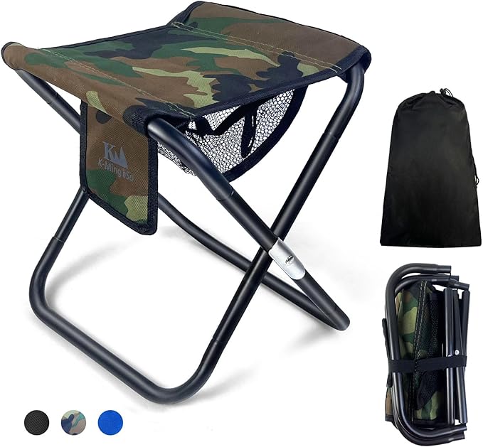 K-MingleSo Upgraded 13 Inch Portable Folding Camping Stool with Side Pocket Mesh Pocket and Molle System, Lightweight Foldable Stool for Adults Gardening Travel BBQ Fishing with Carry Bag[Camo]