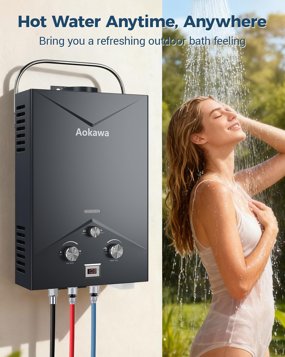 Aokawa Portable Propane Tankless Water Heater, 1.78 GPM On-Demand Hot Water Heater with Shower Head, Outdoor Camping RV Cabin Use, Propane Gas Instant Hot Water, Overheat & Anti-Freeze Protection