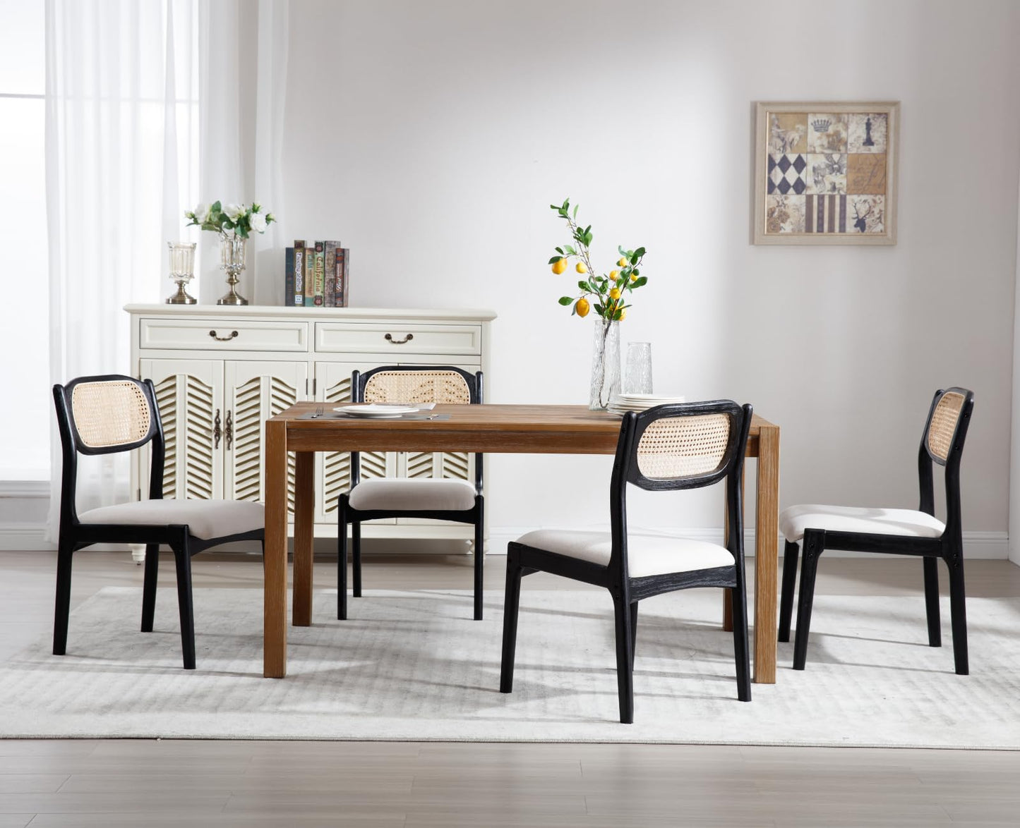 CIMOTA Mid Century Modern Dining Chairs Set of 4 Rattan Farmhouse Dining Room Chairs with Cane Back/Black Wood Frame Upholstered Linen Wooden Kitchen Chairs for Dining Room/Restaurant, Beige