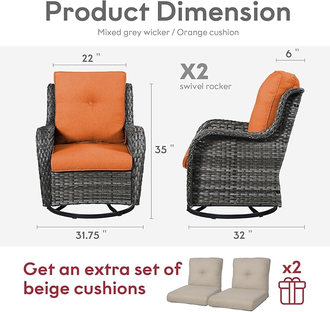 Belord Outdoor Swivel Rcoker Wicker Chairs - Swivel Patio Chairs Set of 2 Patio Furniture Sets with Covered Cushion for Porch Deck Balcony Backyard, Orange Cushion