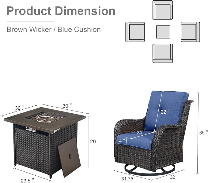 Belord 5 Pieces Patio Wicker Furniture Set - 4 Outdoor Swivel Rocker Glider Chairs with Propane Fire Pit Table, Warm Patio Conversation Set Blue Cushion Perfect for Casual Gathering