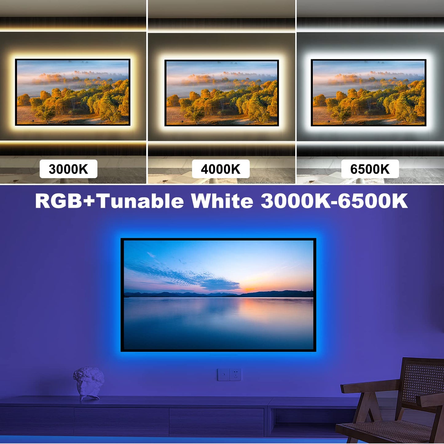 Tatazone Bluetooth RGBWW LED Lights for 70-75 Inch TV with App Control, RGB+Tunable White 3000K-6500K TV LED Backlight with RF Remote, Music Sync Indoor for TV, Gaming