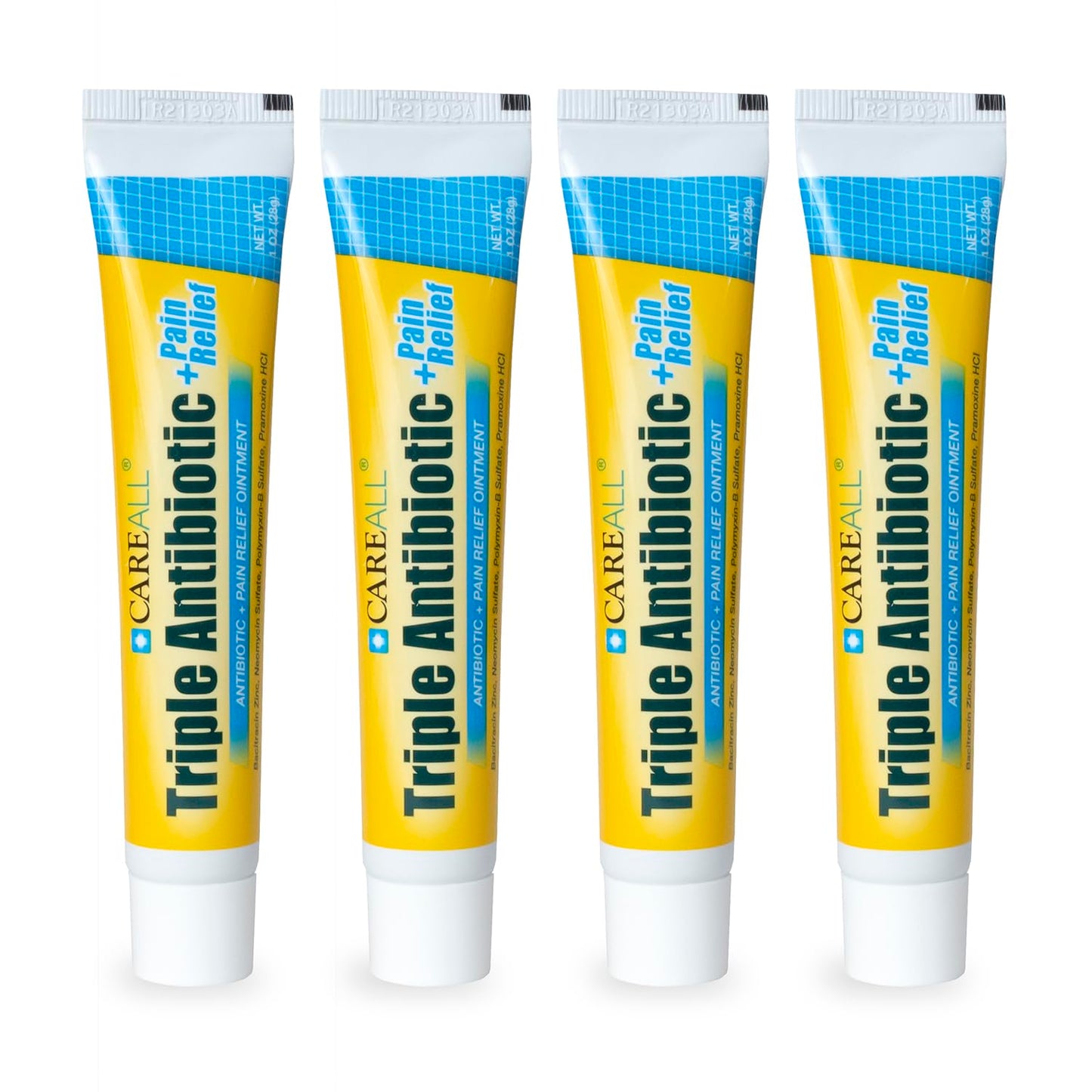 CareAll Triple Antibiotic Ointment + Pain Relief 1.0 oz (4 Pack), Dual Action First Aid for Minor Scrapes, Cuts, and Burns to Help Prevent Infection While Providing Maximum Strength Pain Relief.