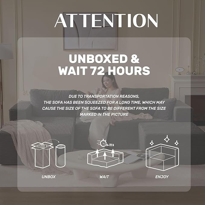 Afuson 107" Boneless Couch with Deep Seat, Modular Sectional Sofa, Cloud Sectional Couch for Living Room, No Assembly Required, Corduroy, U-Shape 3 Seater Left, Grey