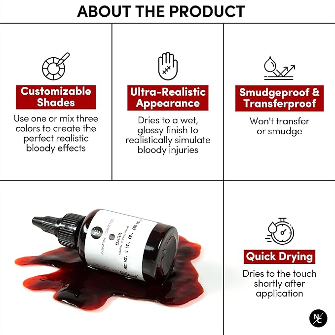 Narrative Cosmetics Alcohol Drying Blood, Ultra-Realistic Fake Liquid Blood, SFX Makeup for the Stage, Film, Halloween, and Cosplay - Fresh 2oz