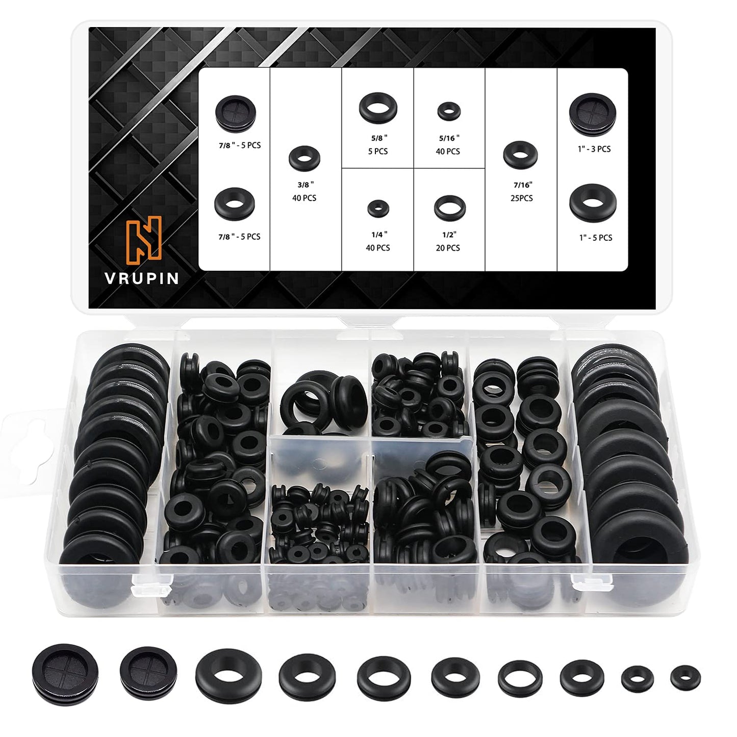 Vrupin 188 Pcs Rubber Grommets Kit - Rubber Washers for Wiring - 10 Different Sizes(1/4", 5/16", 3/8", 7/16", 1/2", 5/8", 7/8", 1" Inch)