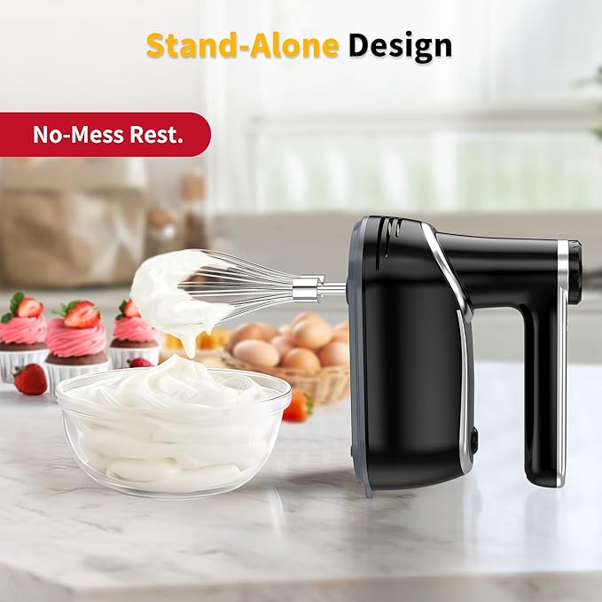Cordless Hand Mixer, 12-Speed Rechargeable Electric Handheld Mixer with 6 x 304 Stainless Steel Attachments (2 Whisks, 2 Beaters, 2 Dough Hooks) & Storage Case, for Baking, Eggs, Cakes (Black)