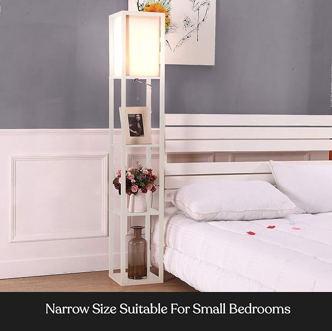 Brightech Maxwell - Modern Shelf Floor Lamp with Lamp Shade and LED Bulb - Corner Display Floor Lamps with Shelves for Living Room, Bedroom and Office - White