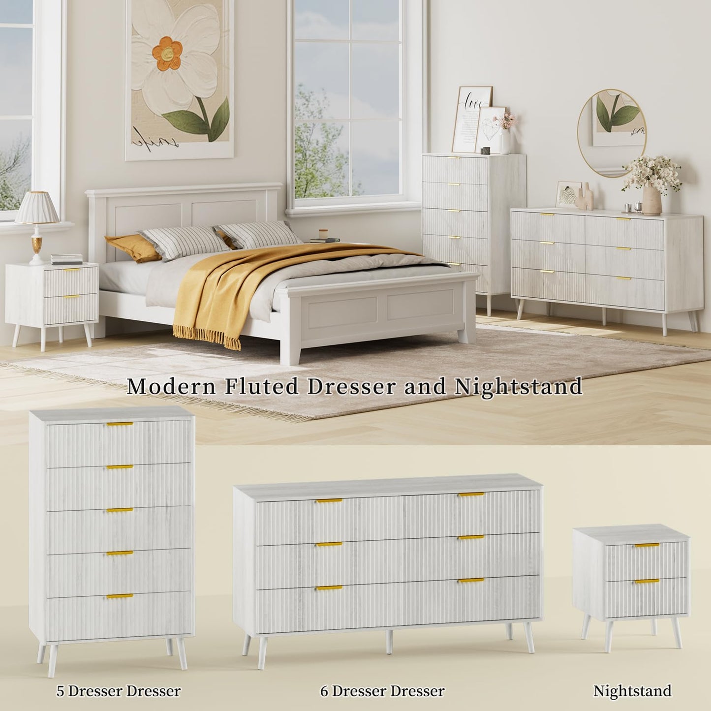 LYNSOM Fluted 5 Drawers Dresser, 45" Tall Modern Chest of Drawers with Curved Profile Design and Metal Handle, Wood Drawer Organizer for Bedroom, Living Room, Hallway, Entryway, White